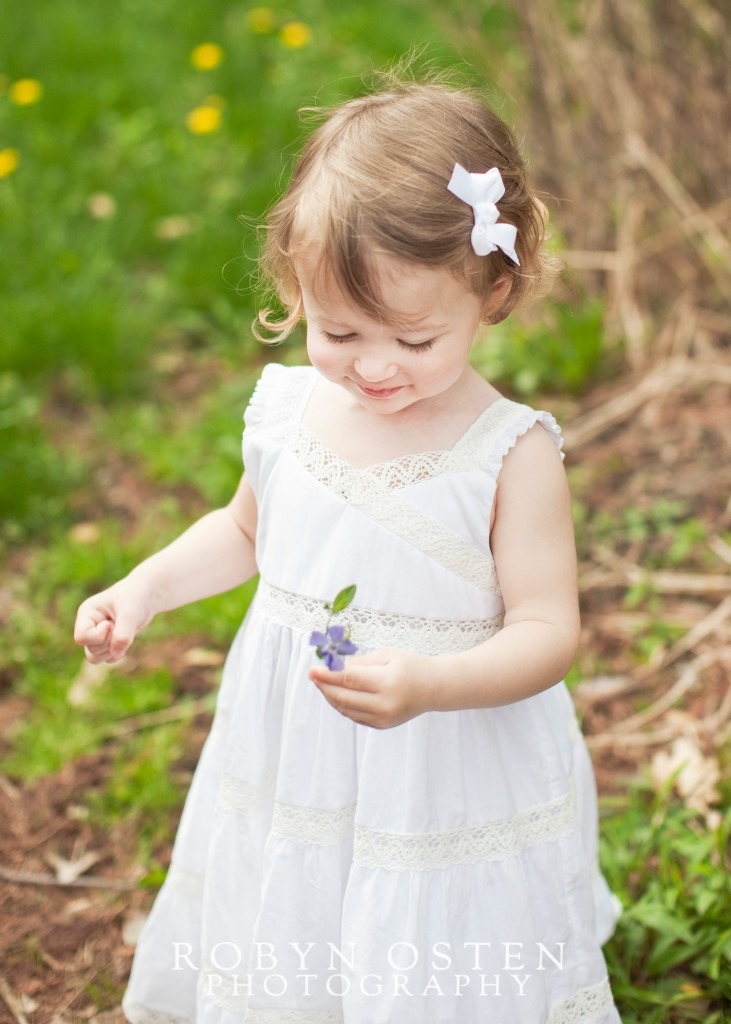 little girl in white dress looking down at flower for outdoor spring portraits in maryland -
